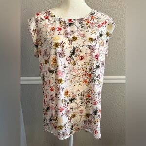 Pleione Floral Blouse Size L Cream Botanical Short Sleeve Flowy Romantic Floral